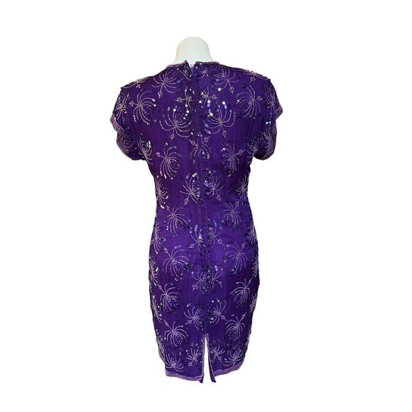 Vintage 90s Beaded Silk Cocktail Dress Royal Purple Size 6 XS/S - Picture 6 of 10